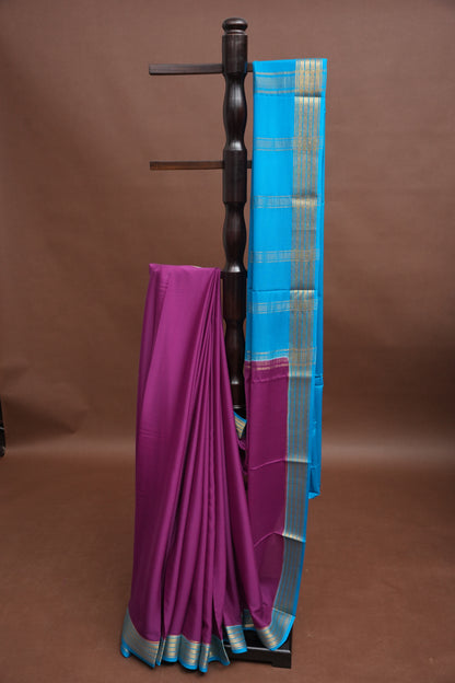 Plain Pure Crepe Mysore Silk Saree With Contrast Blue Retta Pet Border - Purple