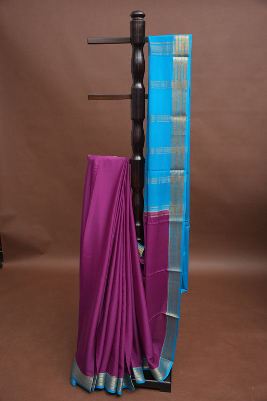 Plain Pure Crepe Mysore Silk Saree With Contrast Blue Retta Pet Border - Purple