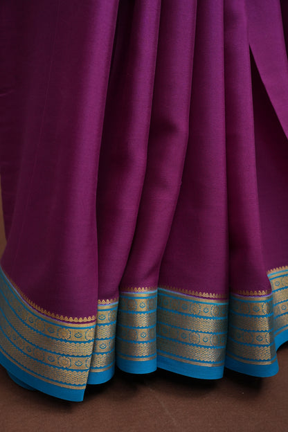 Plain Pure Crepe Mysore Silk Saree With Contrast Blue Retta Pet Border - Purple