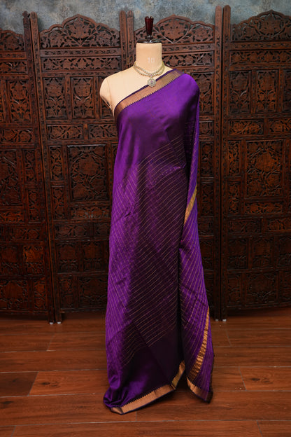 Pure Pattu Mangalagiri Silk Saree – Royal Purple with Gold Zari Checks