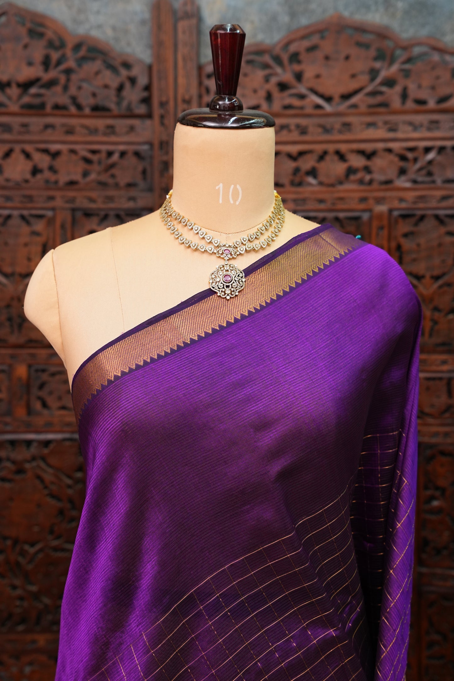 Pure Pattu Mangalagiri Silk Saree – Royal Purple with Gold Zari Checks