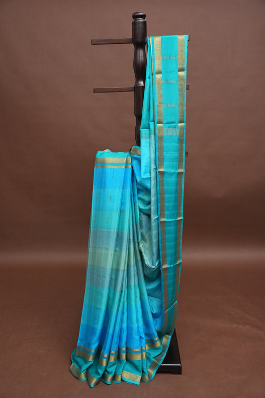 Multi Blue Shades in Pure Crepe Mysore Silk Saree With Self Retta Pet Border
