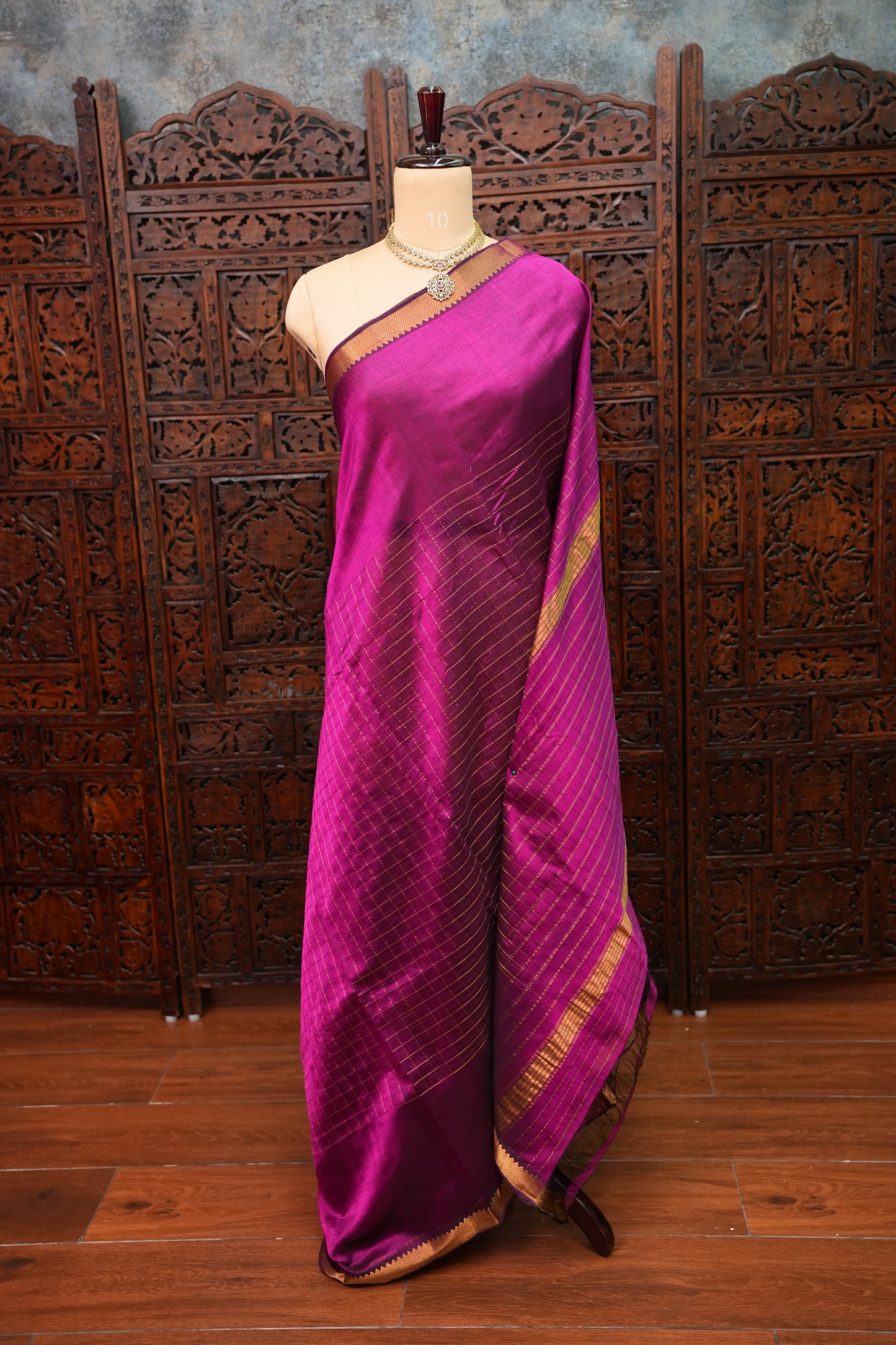Pure Pattu Mangalagiri Silk Saree – Rani Pink with Gold Zari Checks