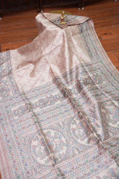 Semi Tussar Raw Silk Saree with Madhubani Print & Kantha Stitch – Antique Beige