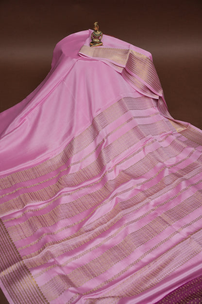 Plain Pure Crepe Mysore Silk Saree in Baby Pink With Contrast Onion Pink Blouse