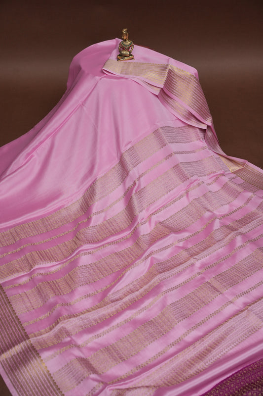 Plain Pure Crepe Mysore Silk Saree in Baby Pink With Contrast Onion Pink Blouse