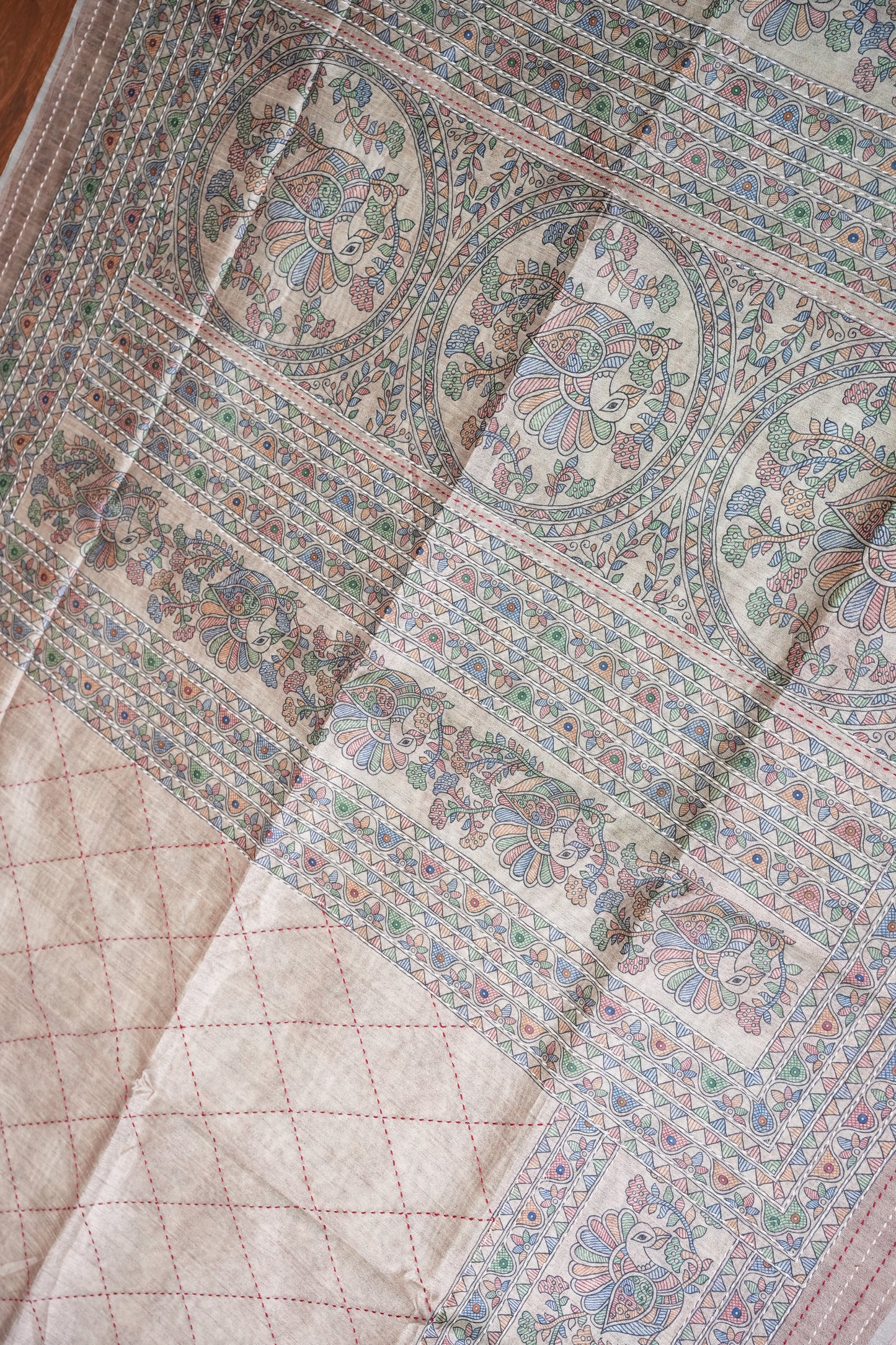 Semi Tussar Raw Silk Saree with Madhubani Print & Kantha Stitch – Antique Beige