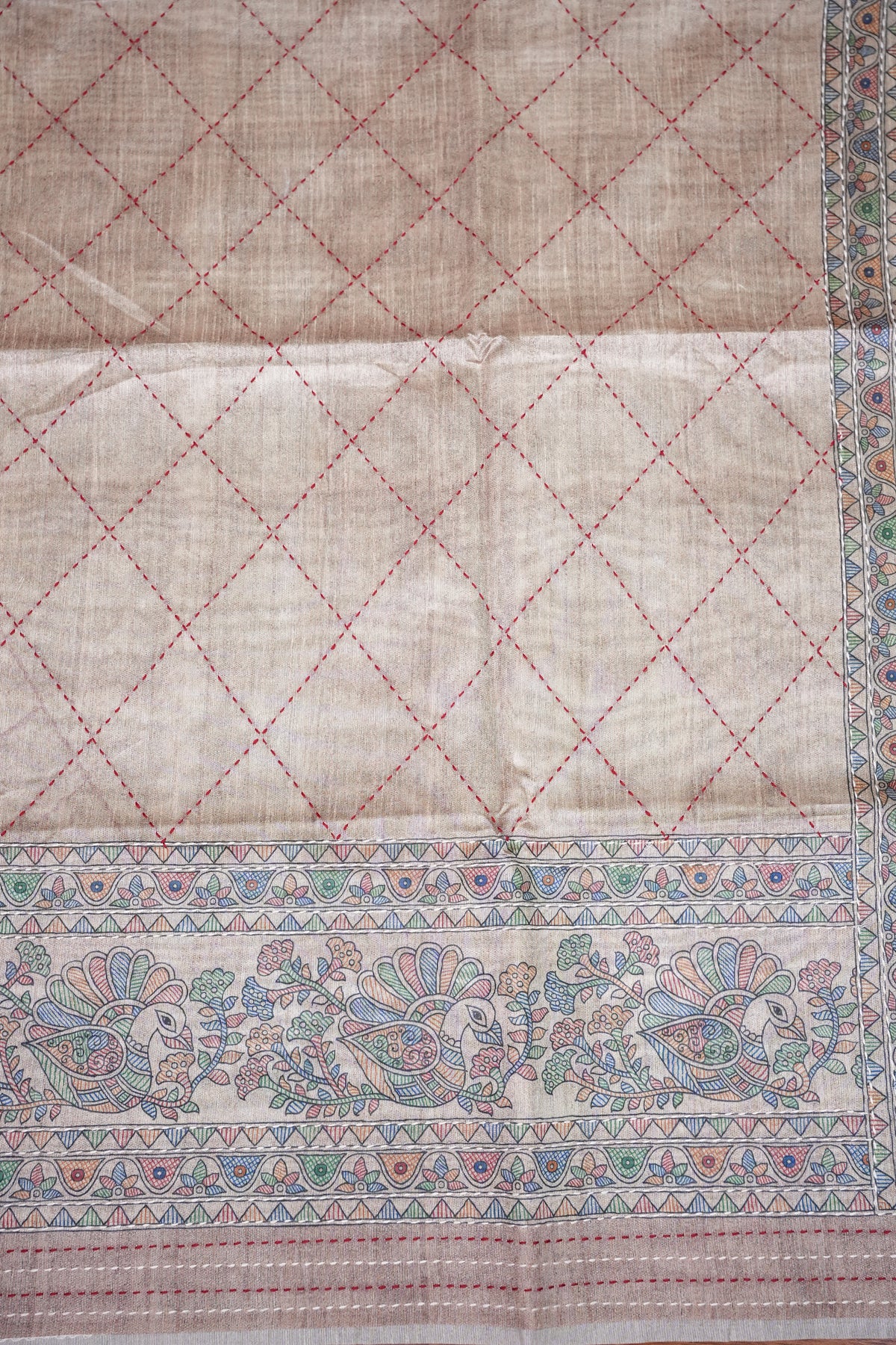 Semi Tussar Raw Silk Saree with Madhubani Print & Kantha Stitch – Antique Beige