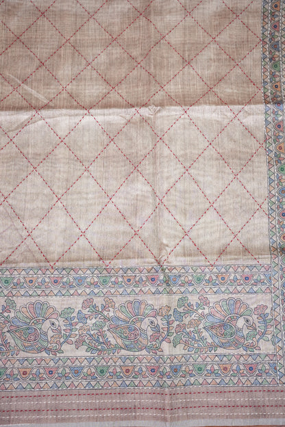 Semi Tussar Raw Silk Saree with Madhubani Print & Kantha Stitch – Antique Beige