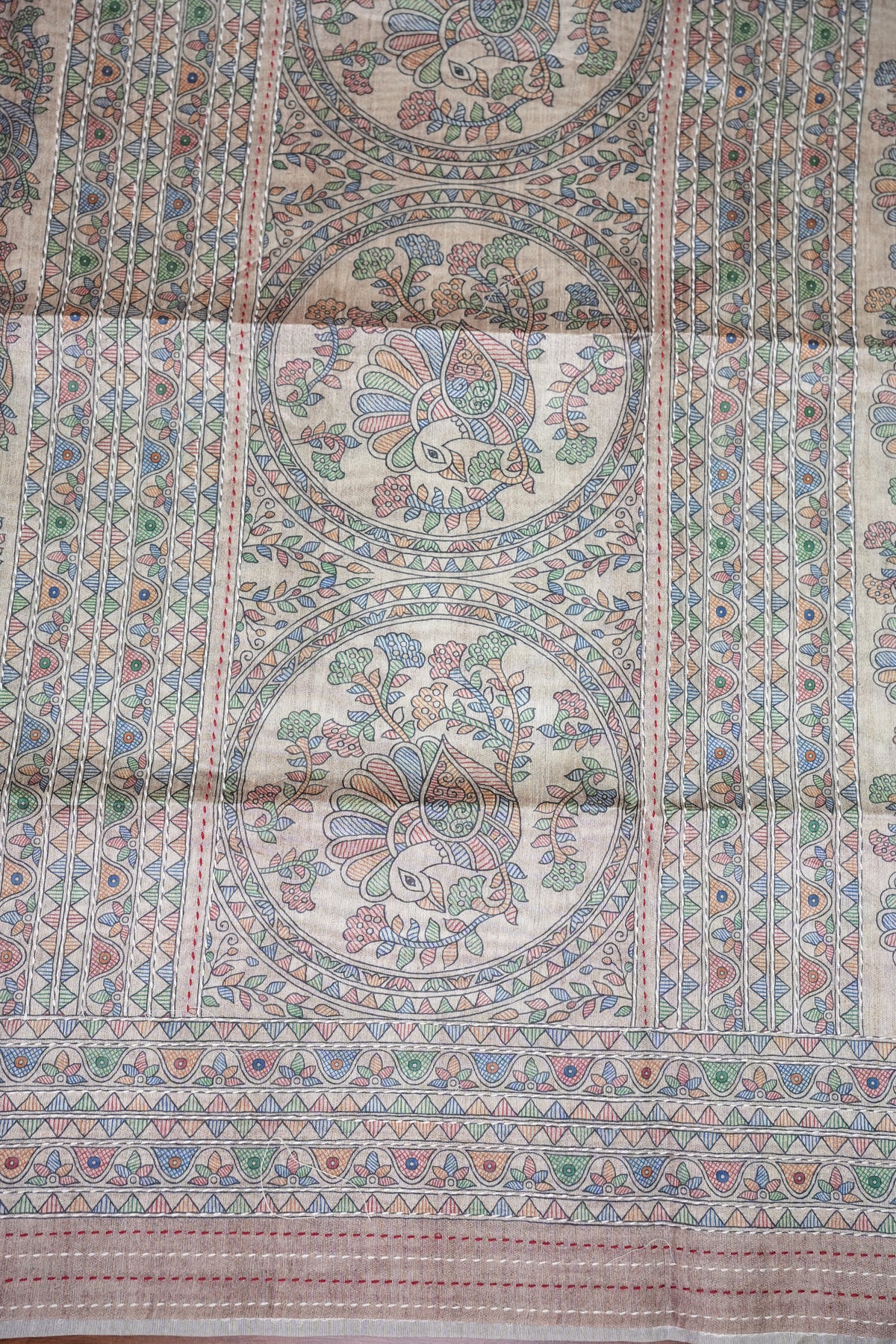 Semi Tussar Raw Silk Saree with Madhubani Print & Kantha Stitch – Antique Beige