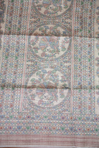Semi Tussar Raw Silk Saree with Madhubani Print & Kantha Stitch – Antique Beige