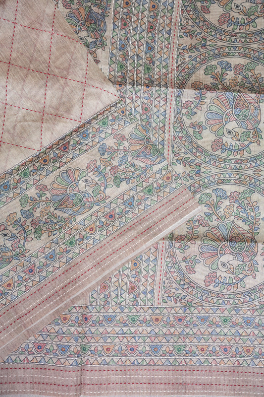 Semi Tussar Raw Silk Saree with Madhubani Print & Kantha Stitch – Antique Beige