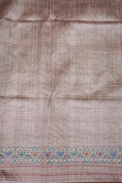 Semi Tussar Raw Silk Saree with Madhubani Print & Kantha Stitch – Antique Beige