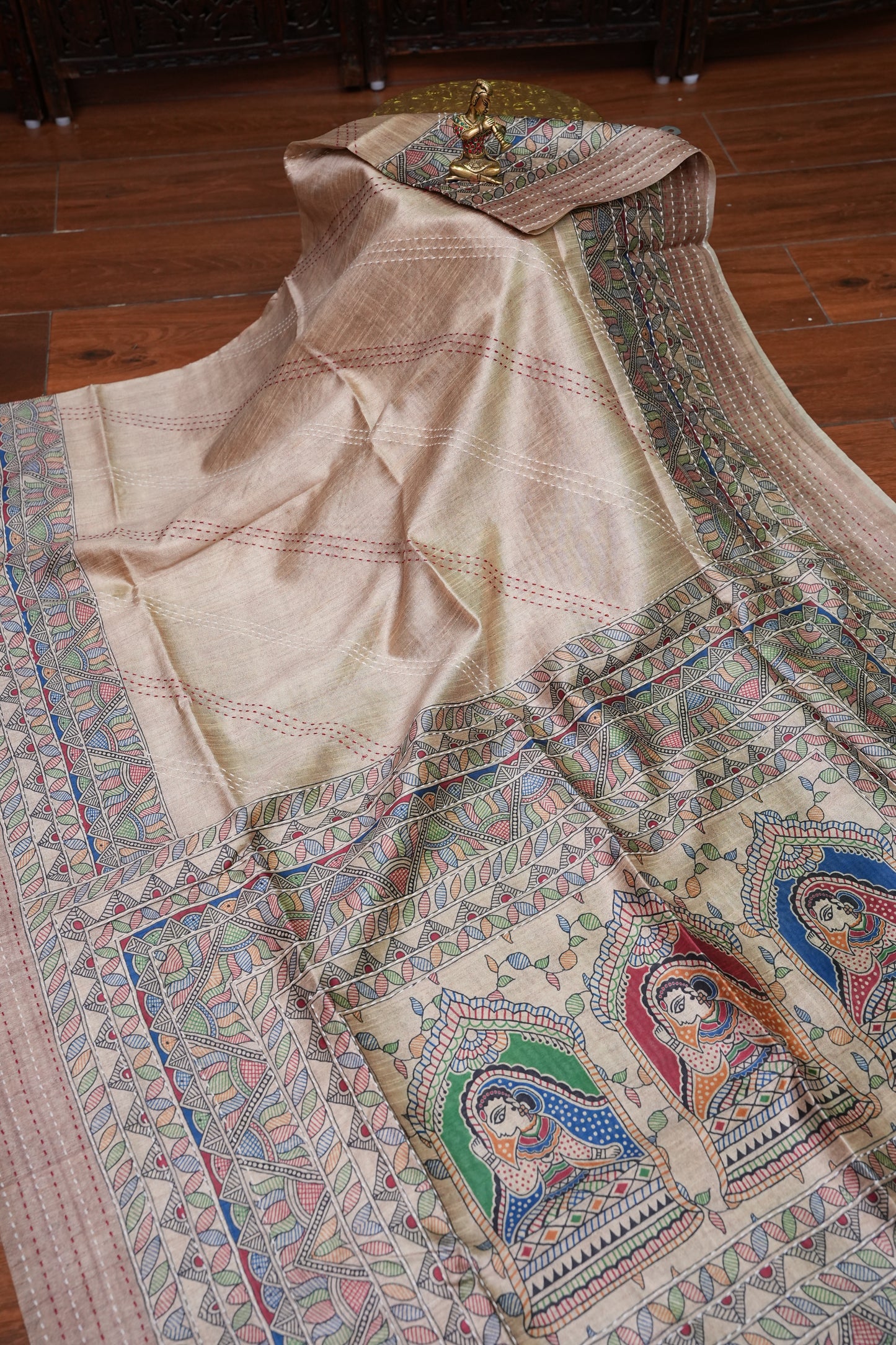 Semi Tussar Raw Silk Saree with Madhubani Print & Kantha Stitch – Antique Beige