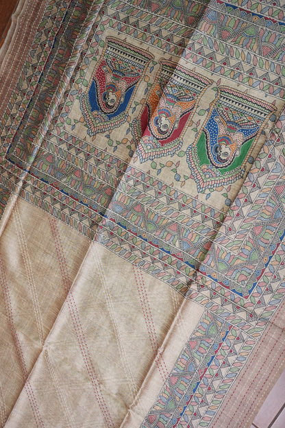 Semi Tussar Raw Silk Saree with Madhubani Print & Kantha Stitch – Antique Beige