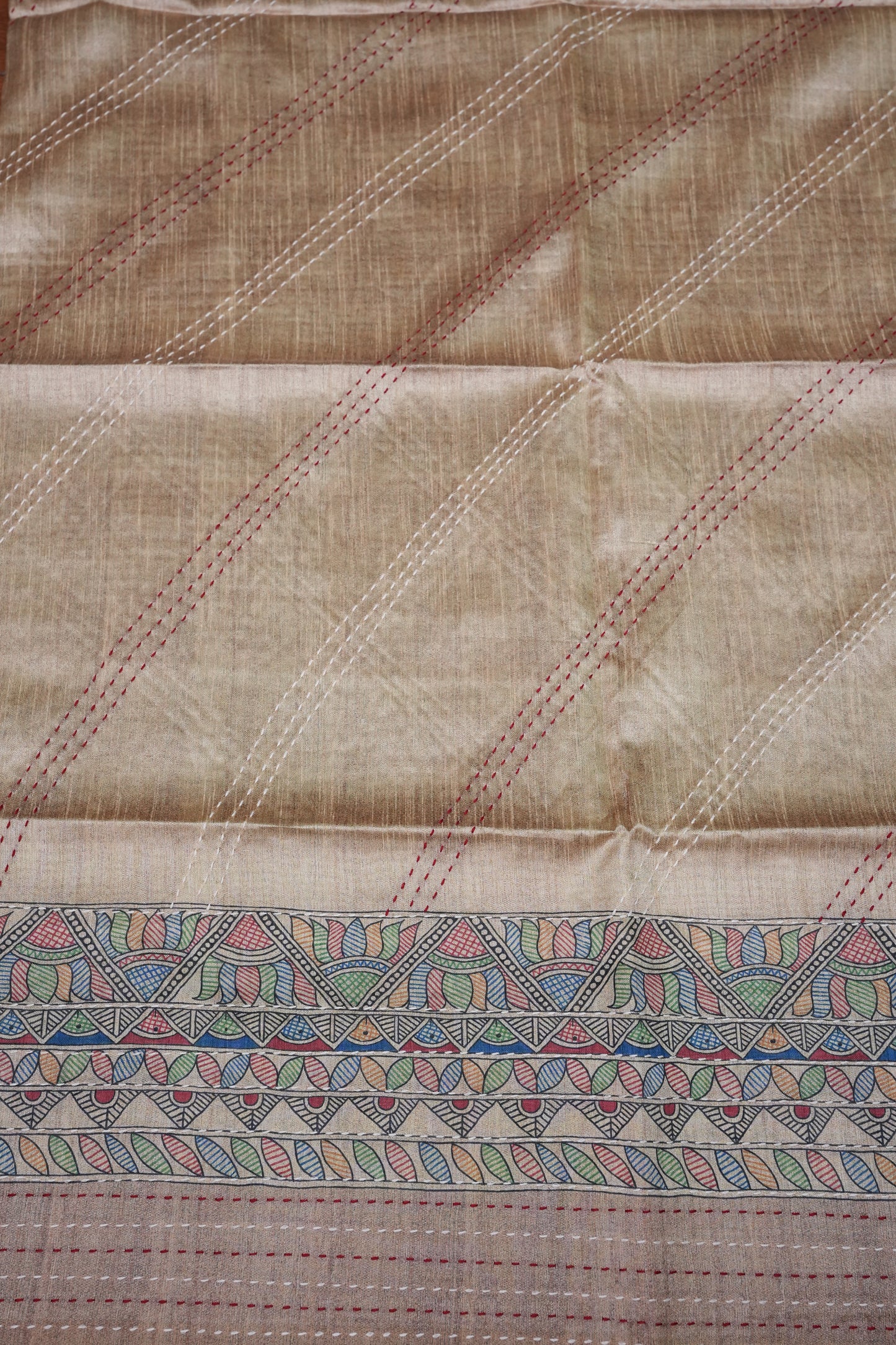 Semi Tussar Raw Silk Saree with Madhubani Print & Kantha Stitch – Antique Beige