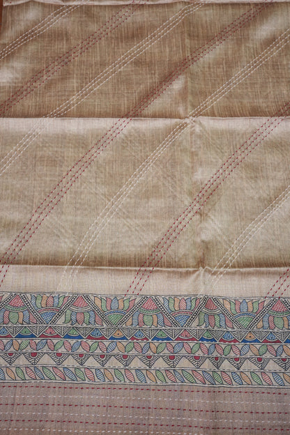 Semi Tussar Raw Silk Saree with Madhubani Print & Kantha Stitch – Antique Beige