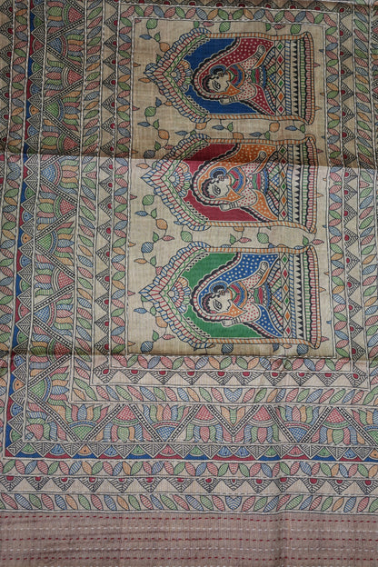 Semi Tussar Raw Silk Saree with Madhubani Print & Kantha Stitch – Antique Beige