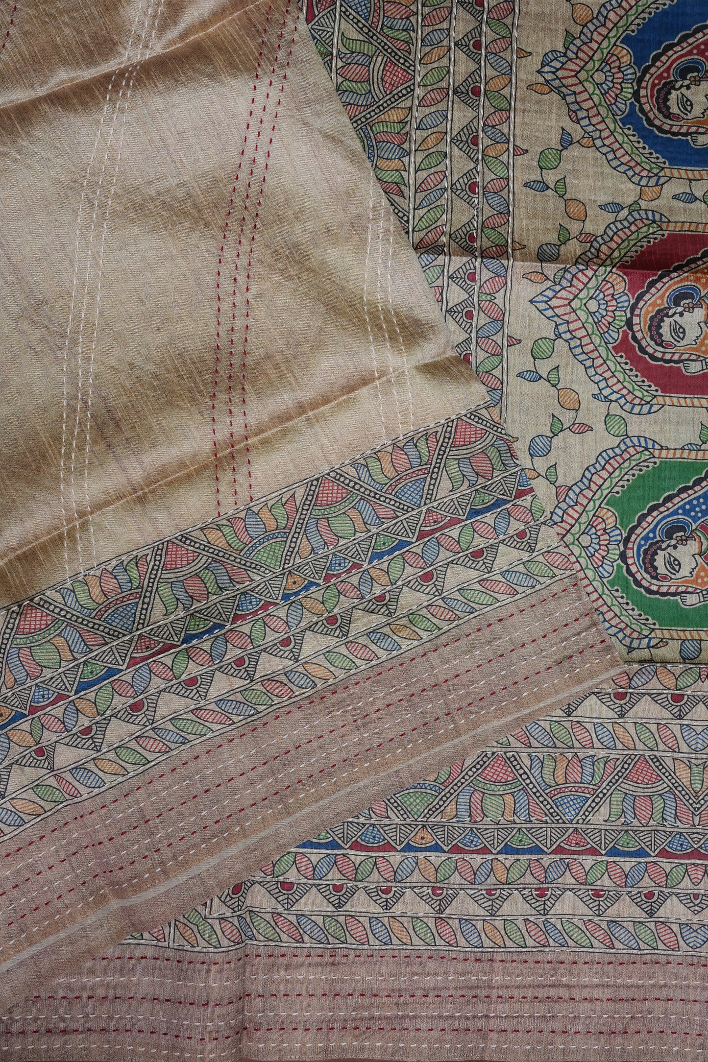 Semi Tussar Raw Silk Saree with Madhubani Print & Kantha Stitch – Antique Beige