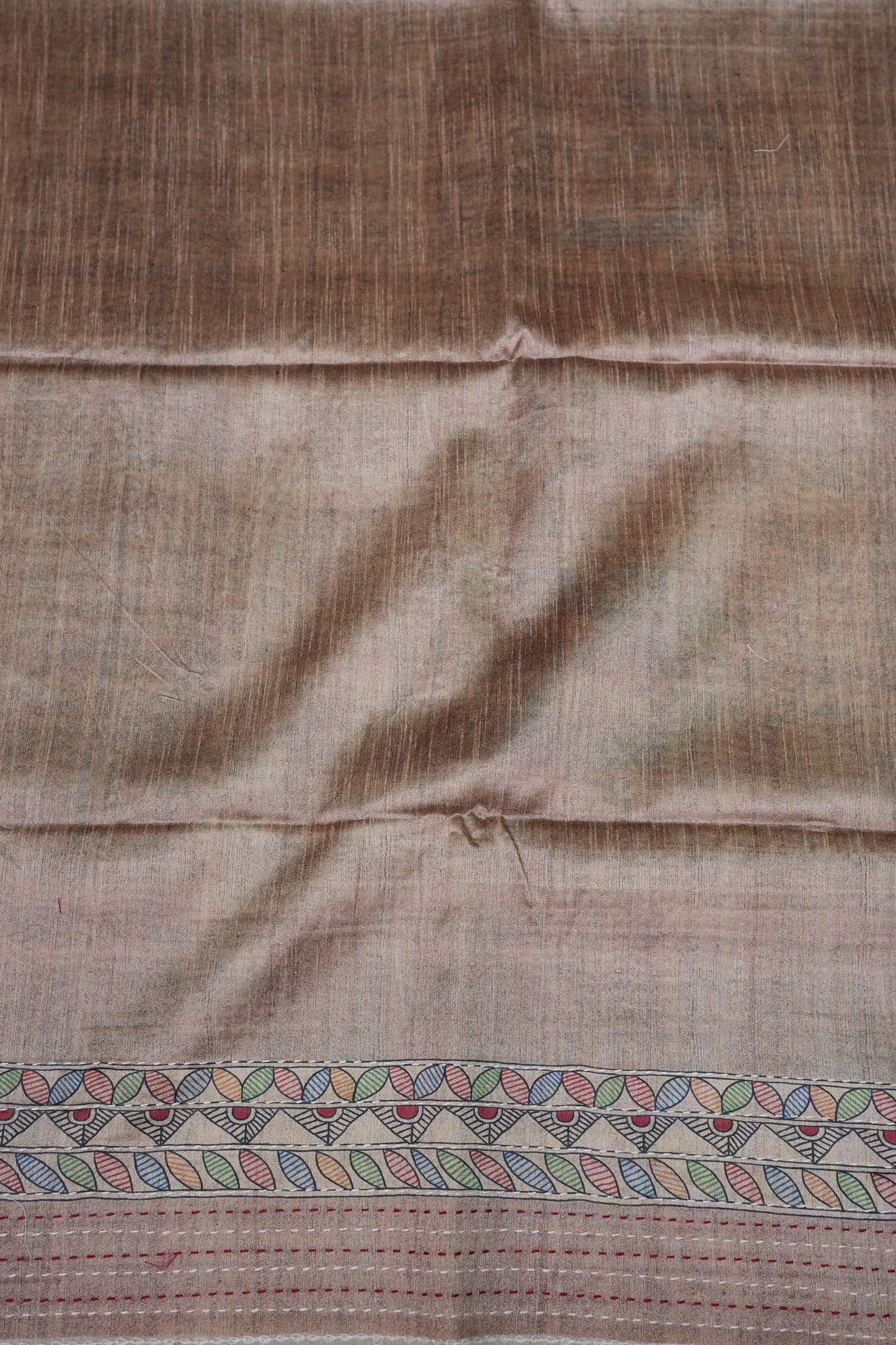 Semi Tussar Raw Silk Saree with Madhubani Print & Kantha Stitch – Antique Beige
