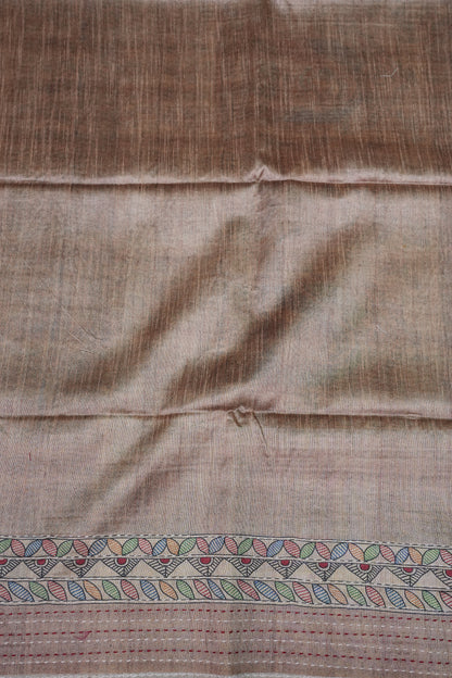 Semi Tussar Raw Silk Saree with Madhubani Print & Kantha Stitch – Antique Beige