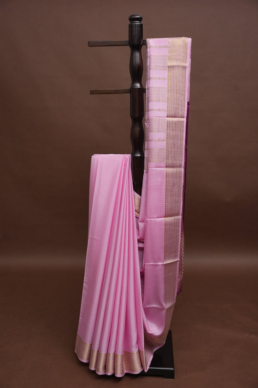 Plain Pure Crepe Mysore Silk Saree in Baby Pink With Contrast Onion Pink Blouse