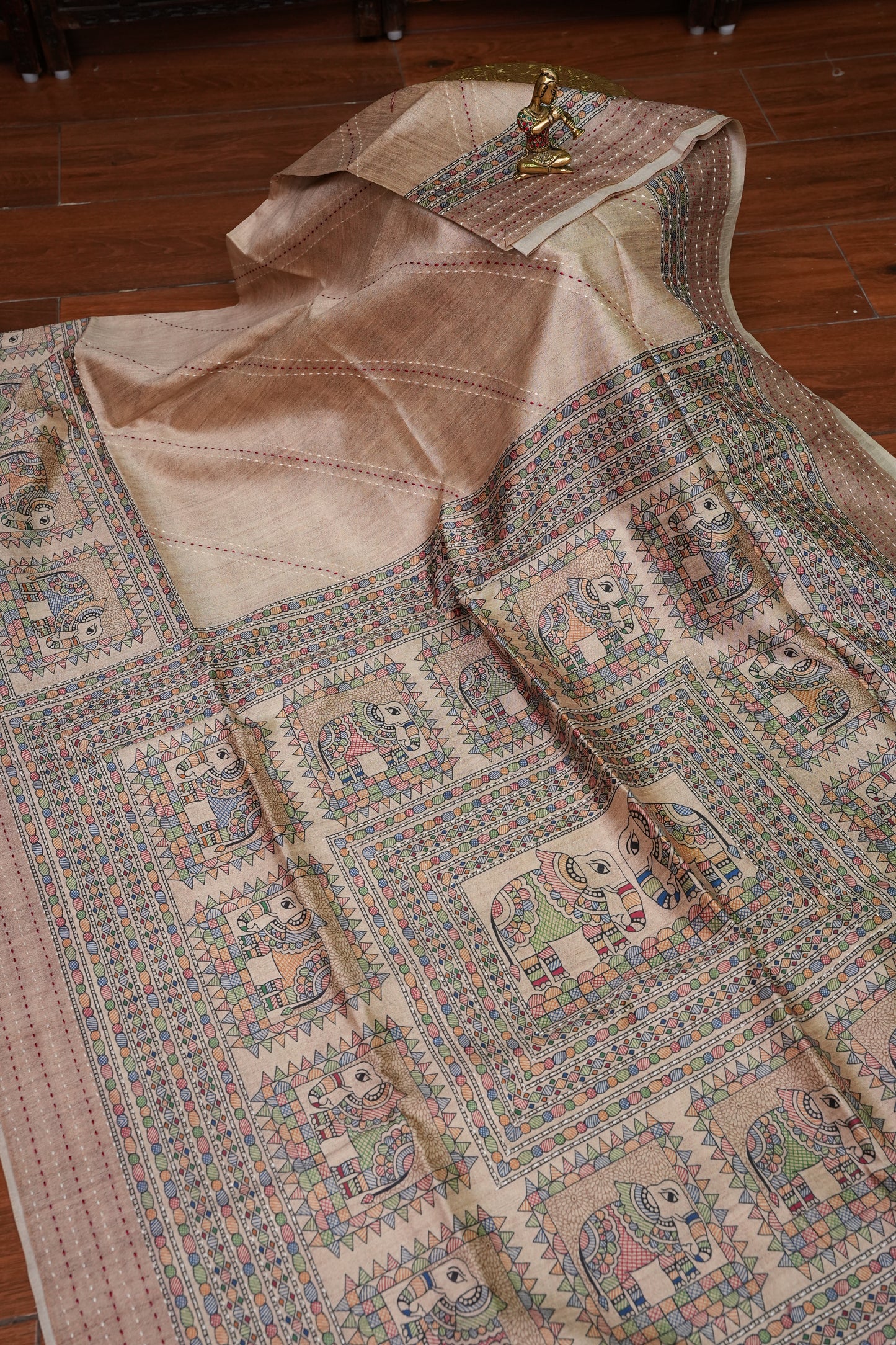 Semi Tussar Raw Silk Saree with Madhubani Print & Kantha Stitch – Beige