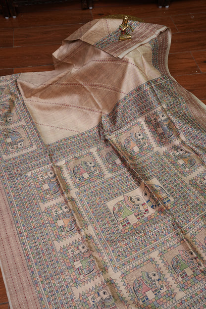 Semi Tussar Raw Silk Saree with Madhubani Print & Kantha Stitch – Beige