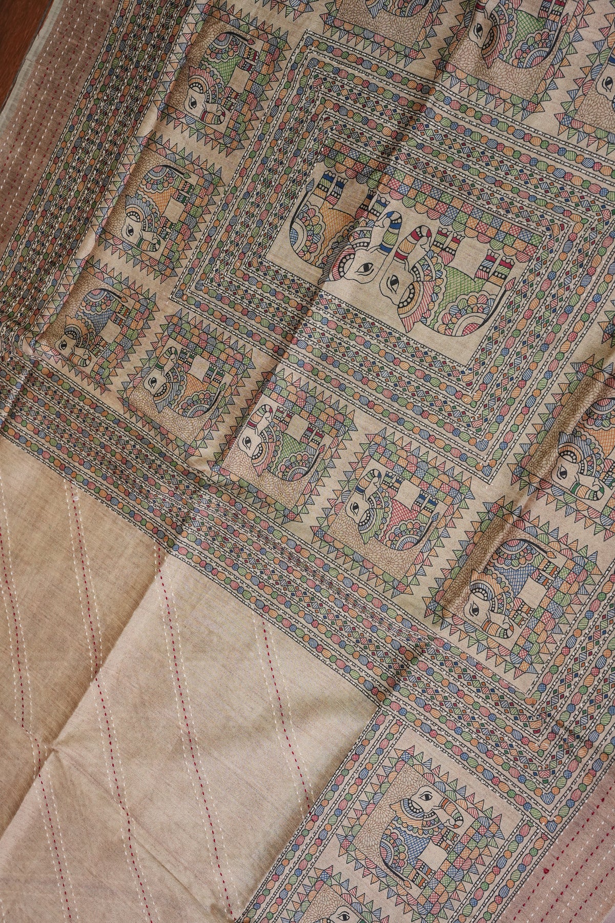 Semi Tussar Raw Silk Saree with Madhubani Print & Kantha Stitch – Beige