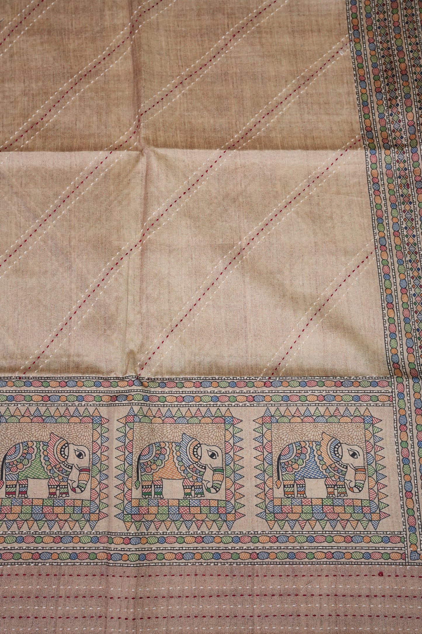 Semi Tussar Raw Silk Saree with Madhubani Print & Kantha Stitch – Beige