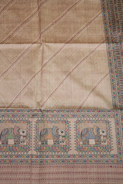 Semi Tussar Raw Silk Saree with Madhubani Print & Kantha Stitch – Beige