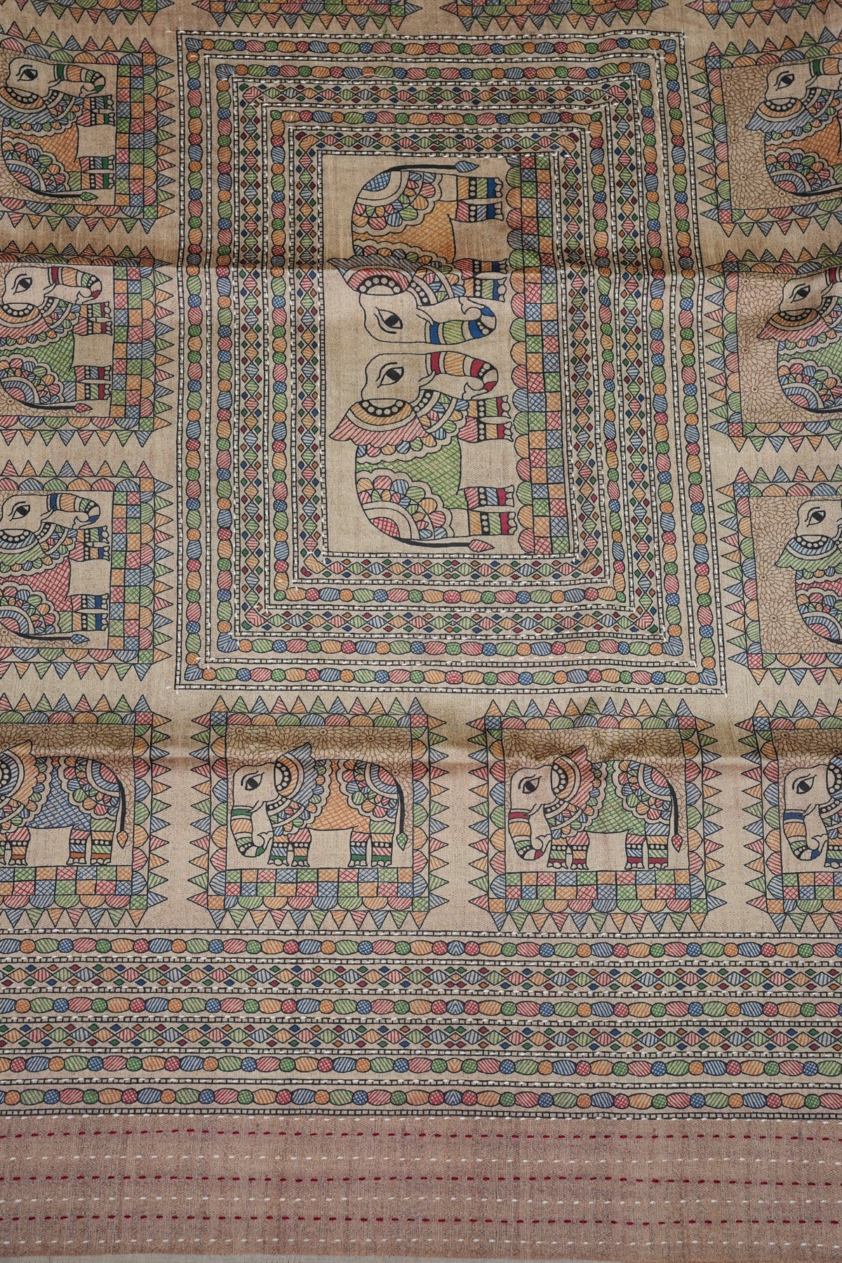 Semi Tussar Raw Silk Saree with Madhubani Print & Kantha Stitch – Beige