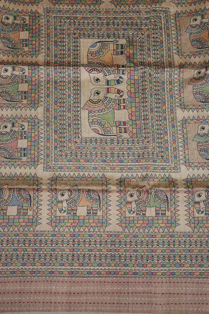 Semi Tussar Raw Silk Saree with Madhubani Print & Kantha Stitch – Beige