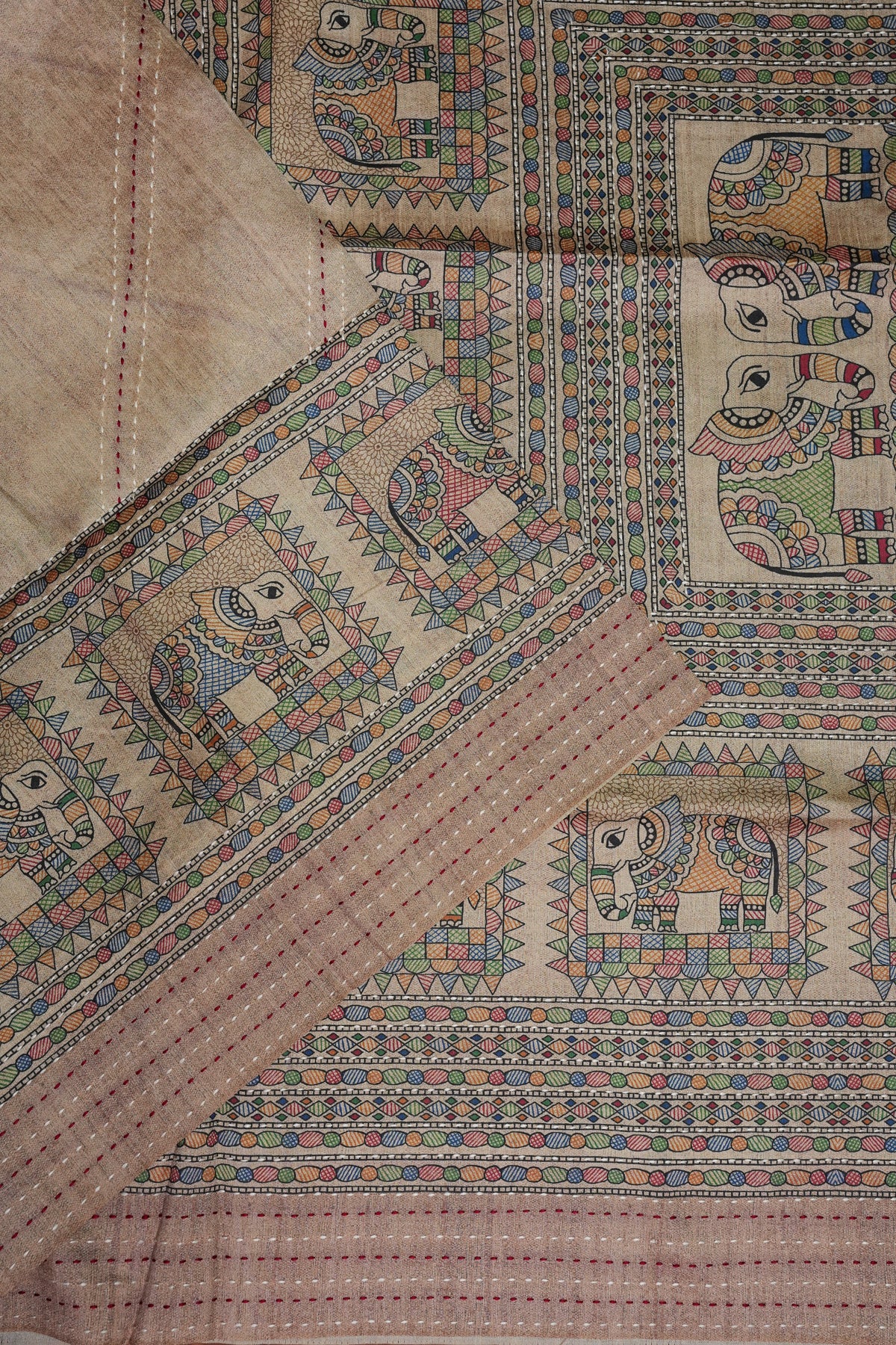 Semi Tussar Raw Silk Saree with Madhubani Print & Kantha Stitch – Beige