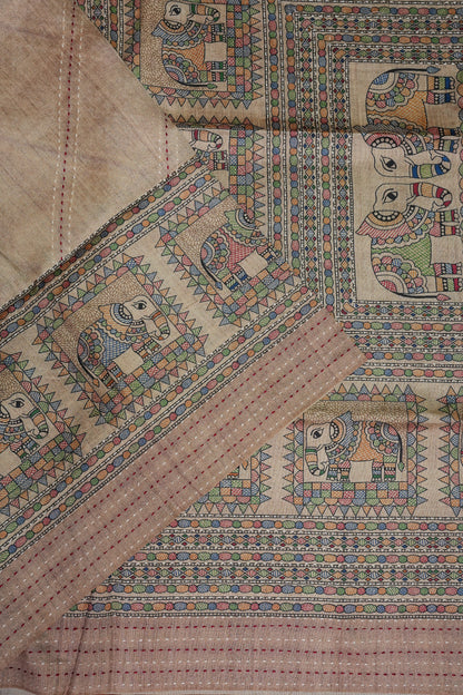 Semi Tussar Raw Silk Saree with Madhubani Print & Kantha Stitch – Beige