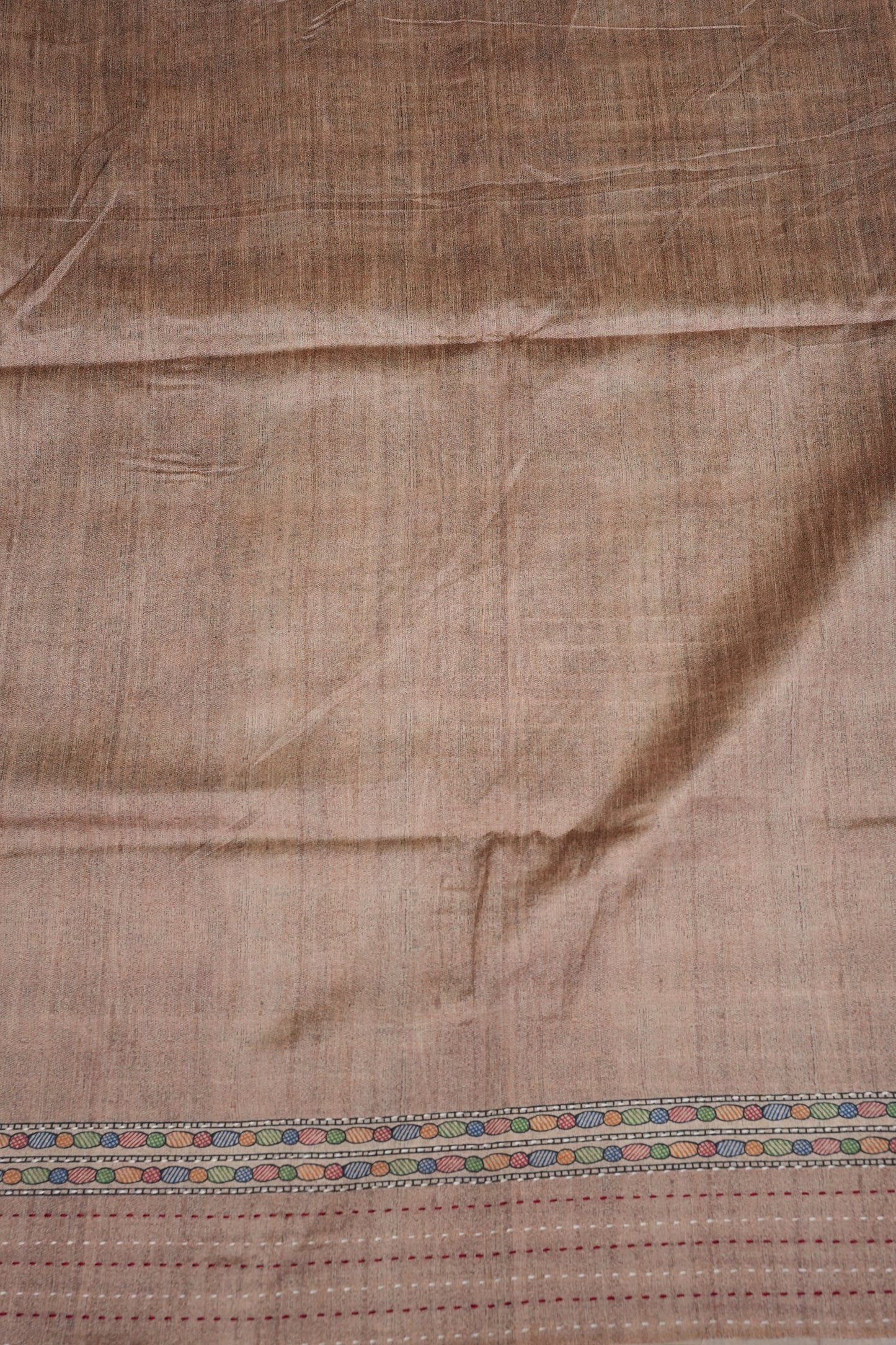 Semi Tussar Raw Silk Saree with Madhubani Print & Kantha Stitch – Beige