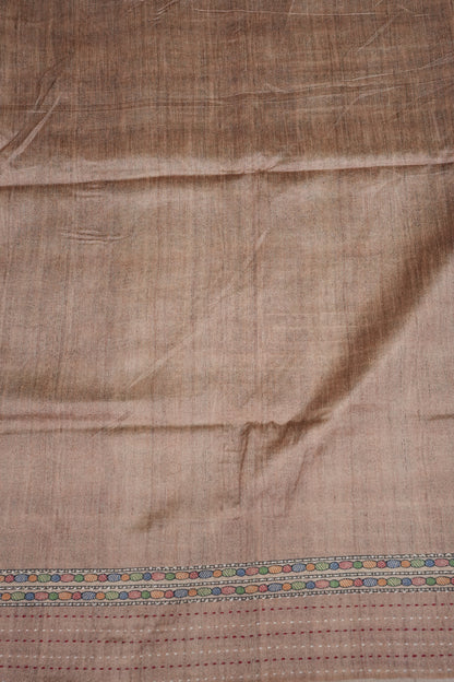 Semi Tussar Raw Silk Saree with Madhubani Print & Kantha Stitch – Beige
