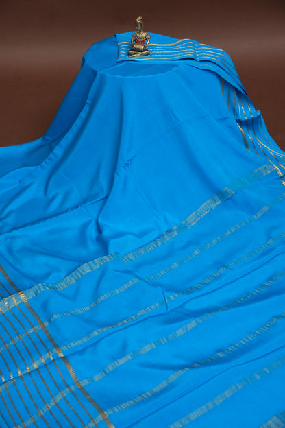 Plain Pure Crepe Mysore Silk Saree in Blue With Self Blouse & Pallu