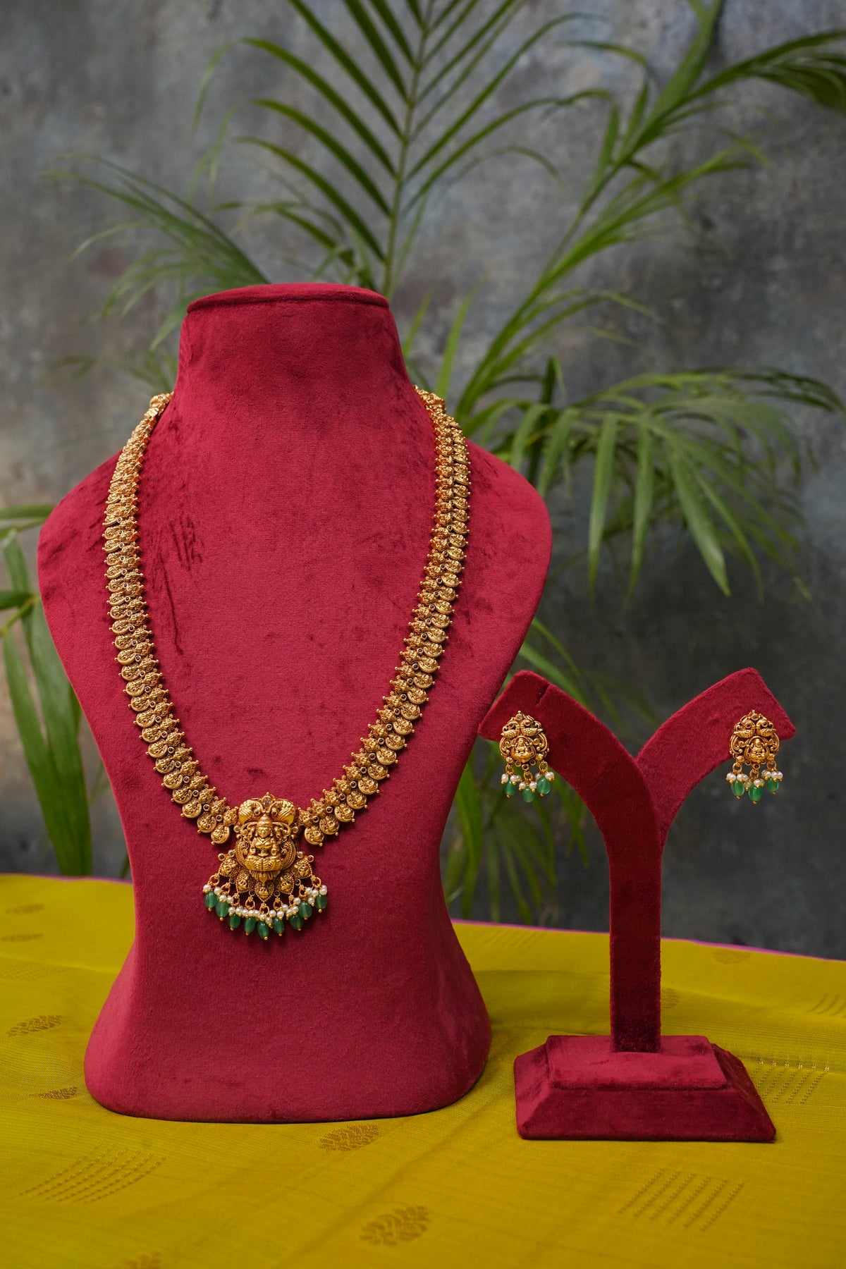 Antique Gold-Plated Long Lakshmi Temple Necklace Set with Emerald Green Stone Drops