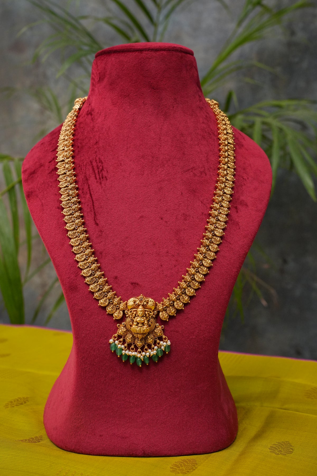 Antique Gold-Plated Long Lakshmi Temple Necklace Set with Emerald Green Stone Drops