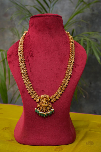 Antique Gold-Plated Long Lakshmi Temple Necklace Set with Emerald Green Stone Drops
