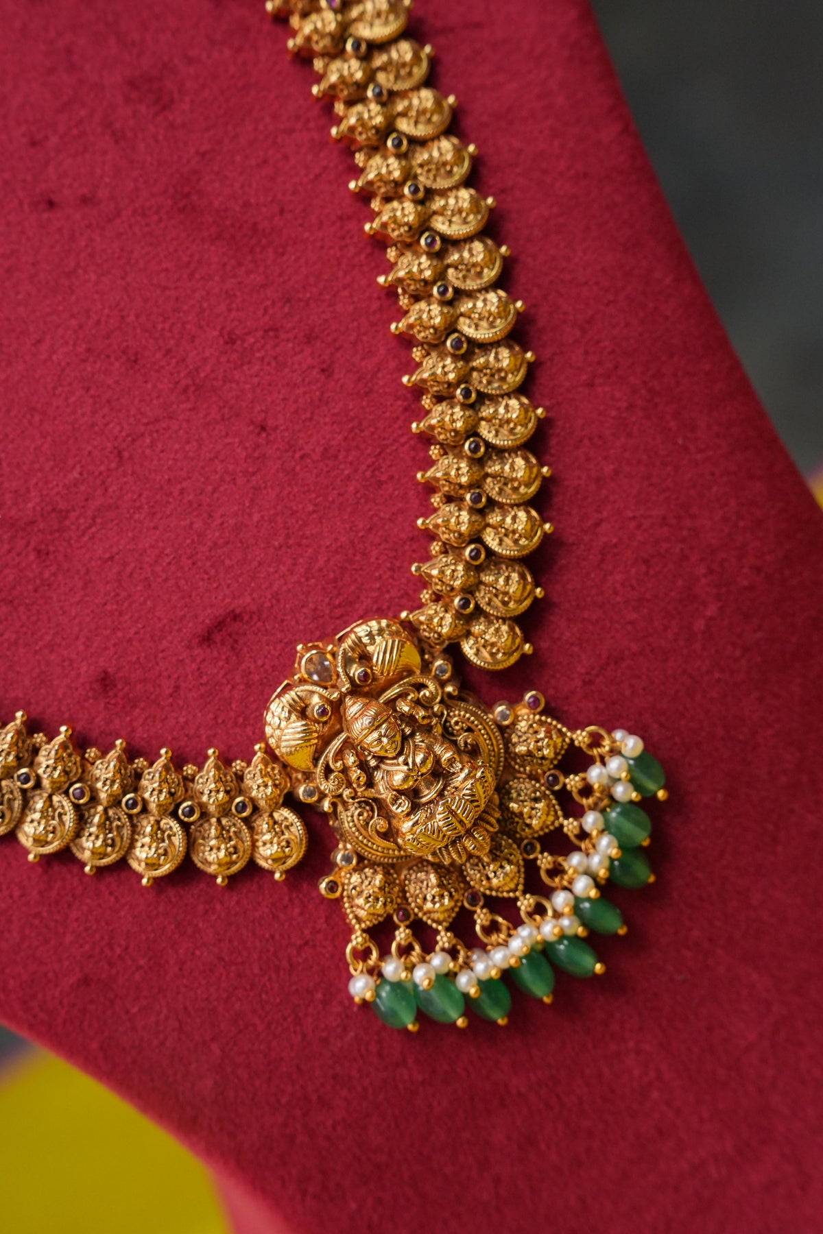Antique Gold-Plated Long Lakshmi Temple Necklace Set with Emerald Green Stone Drops