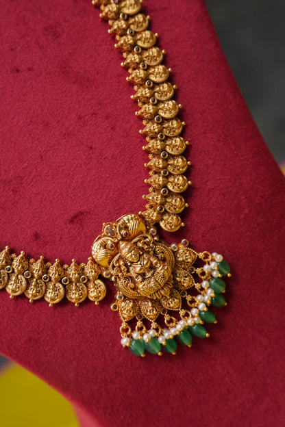 Antique Gold-Plated Long Lakshmi Temple Necklace Set with Emerald Green Stone Drops