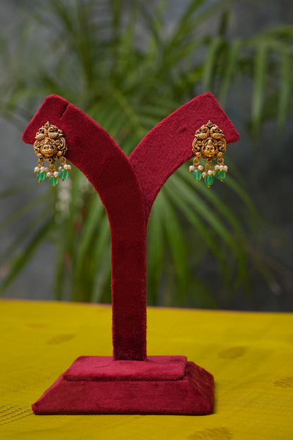 Antique Gold-Plated Long Lakshmi Temple Necklace Set with Emerald Green Stone Drops