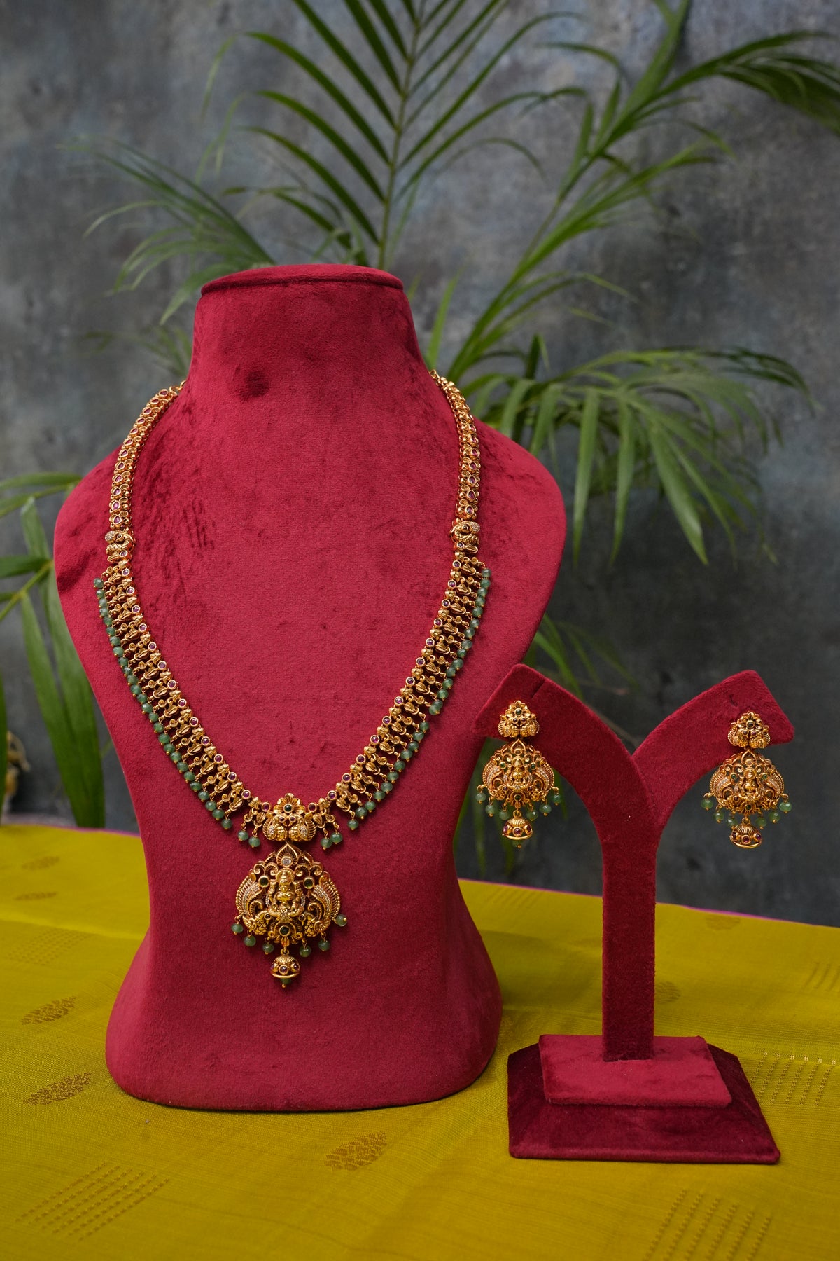 Antique Gold-Plated Temple Long Necklace Set with Emerald Green Bead Drops