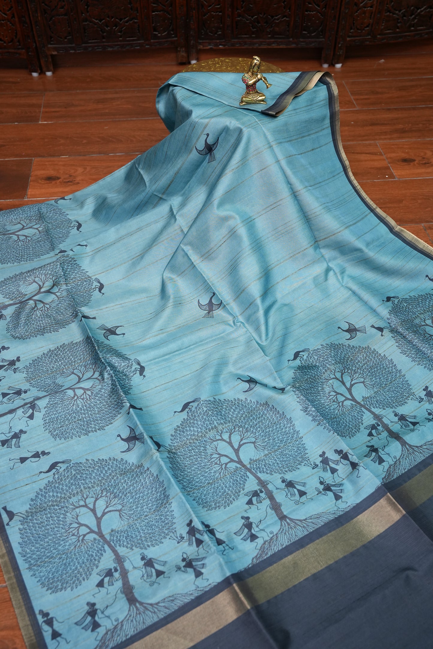 Pure Khaddi Cotton Saree with Warli Art Design – Aqua Blue & Charcoal Grey