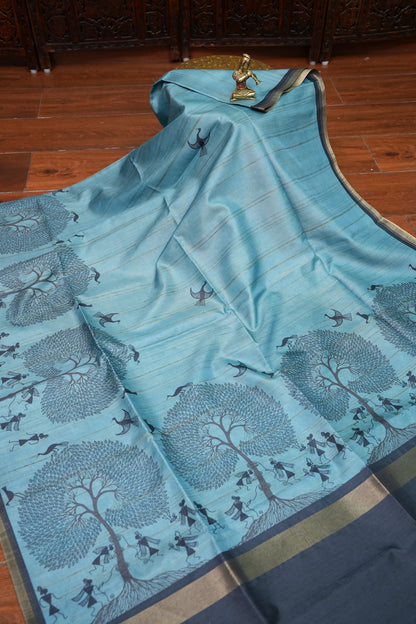 Pure Khaddi Cotton Saree with Warli Art Design – Aqua Blue & Charcoal Grey