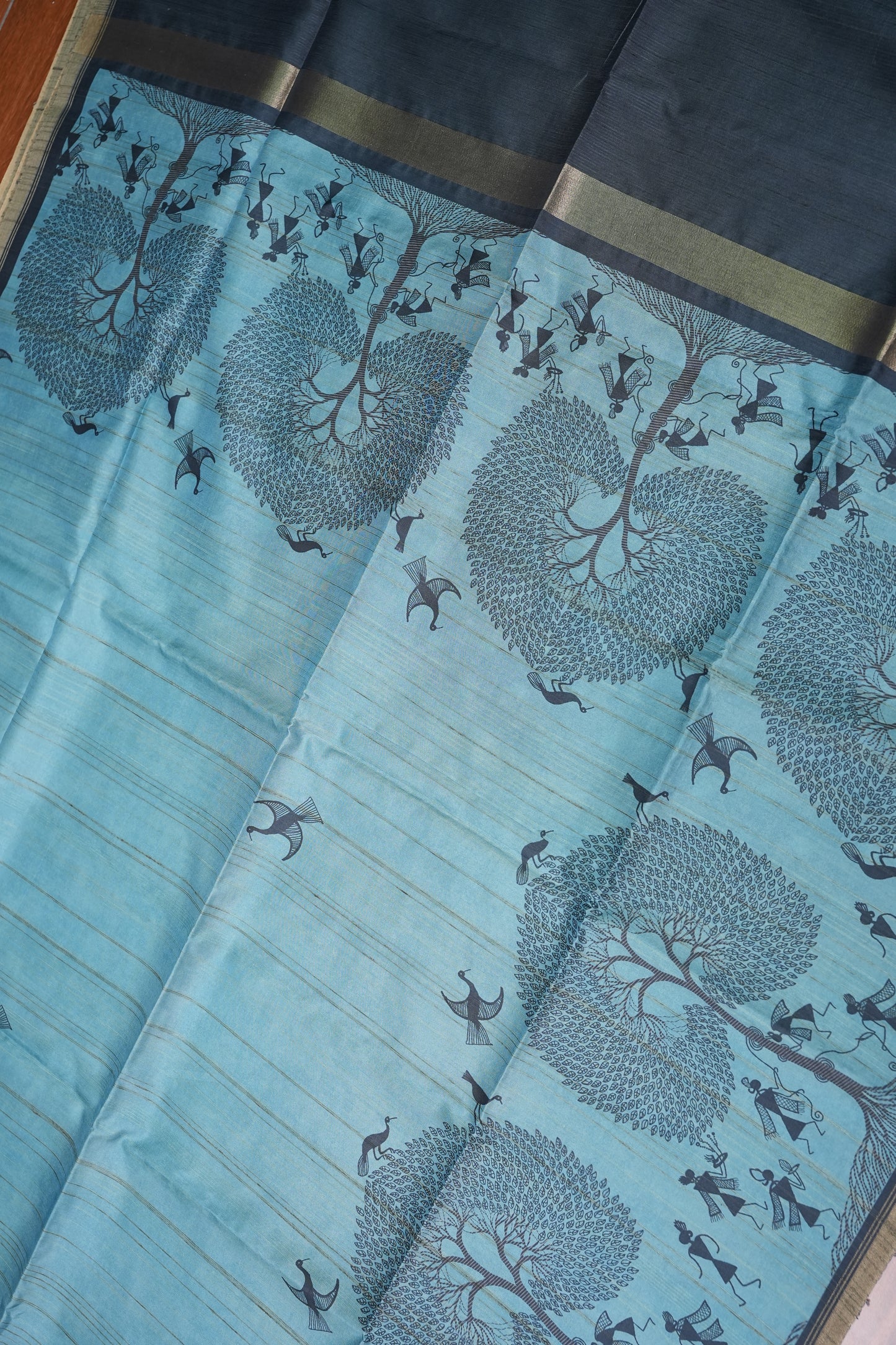 Pure Khaddi Cotton Saree with Warli Art Design – Aqua Blue & Charcoal Grey