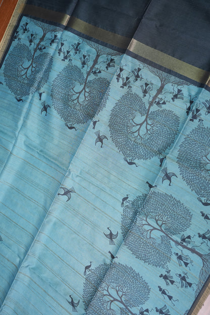 Pure Khaddi Cotton Saree with Warli Art Design – Aqua Blue & Charcoal Grey