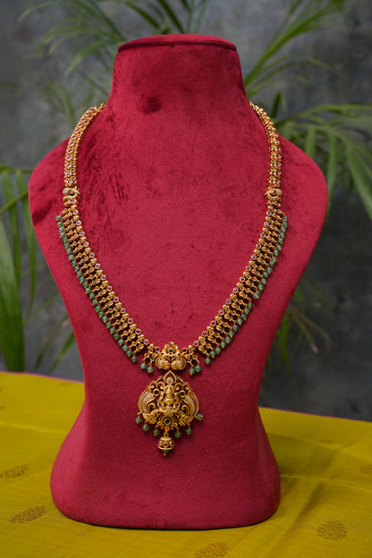 Antique Gold-Plated Temple Long Necklace Set with Emerald Green Bead Drops
